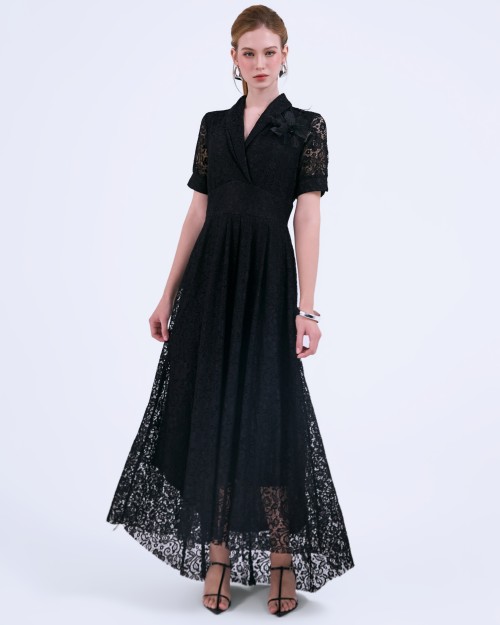 SIXDO G-Black Organza Flared Dress