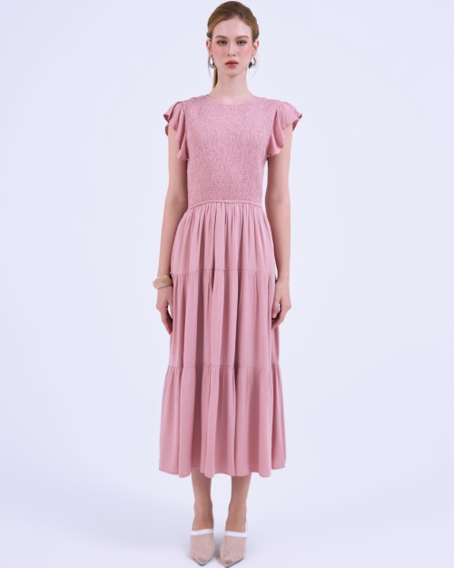SIXDO G-Pink Butterfly Sleeves Woven Flared Dress