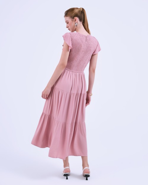 SIXDO G-Pink Butterfly Sleeves Woven Flared Dress