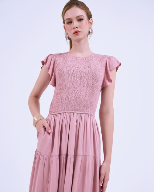 SIXDO G-Pink Butterfly Sleeves Woven Flared Dress