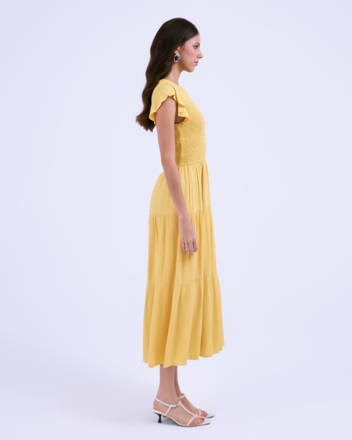 SIXDO G-Yellow Butterfly Sleeves Woven Flared Dress