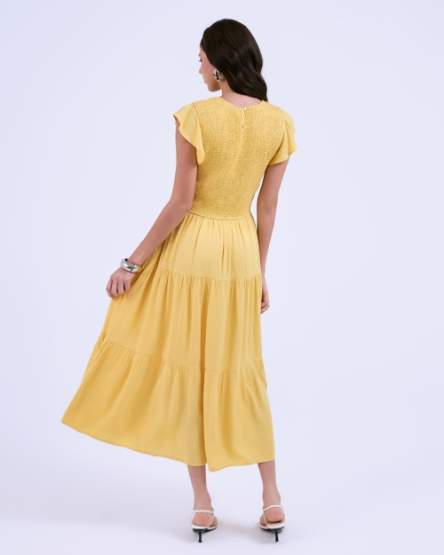 SIXDO G-Yellow Butterfly Sleeves Woven Flared Dress
