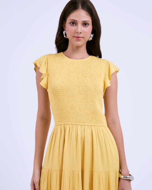 SIXDO G-Yellow Butterfly Sleeves Woven Flared Dress