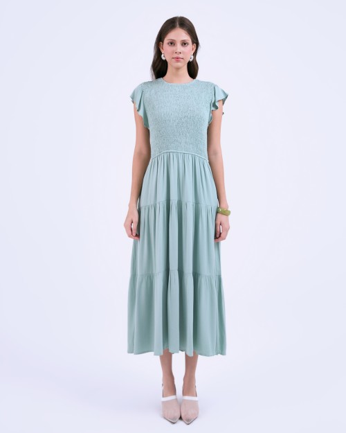 Sixdo SIXDO G-Green Butterfly Sleeves Woven Flared Dress
