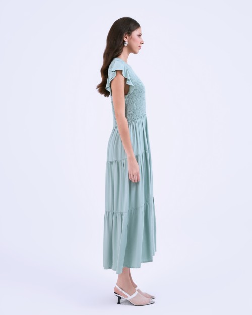 SIXDO G-Green Butterfly Sleeves Woven Flared Dress