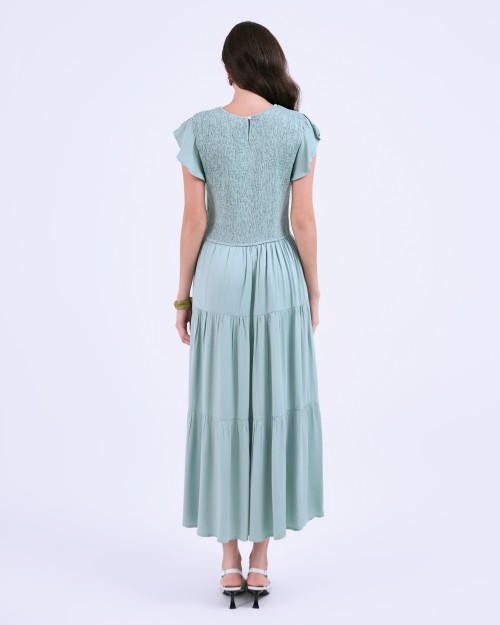 SIXDO G-Green Butterfly Sleeves Woven Flared Dress