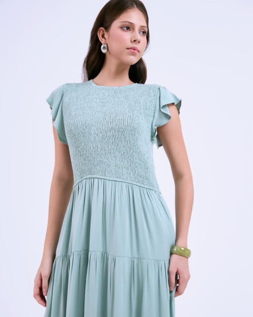 SIXDO G-Green Butterfly Sleeves Woven Flared Dress