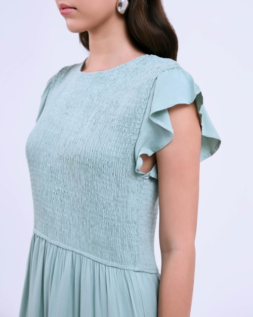 SIXDO G-Green Butterfly Sleeves Woven Flared Dress