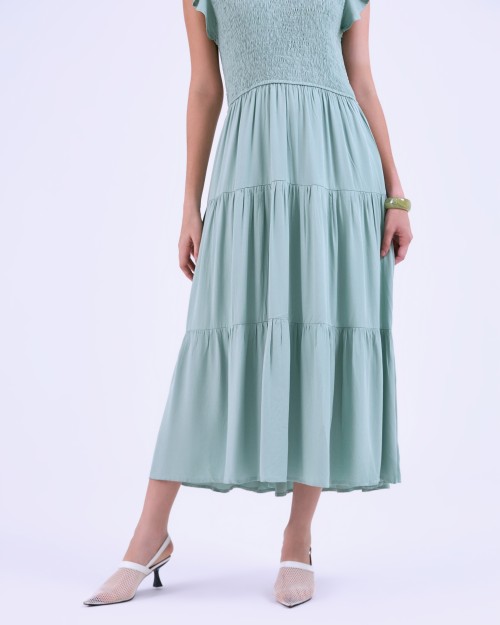 SIXDO G-Green Butterfly Sleeves Woven Flared Dress