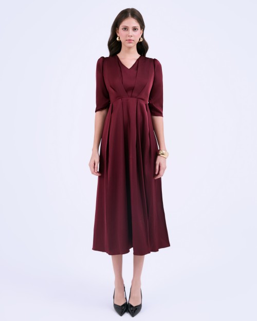 Sixdo G-Dark Red Silk Flared Dress