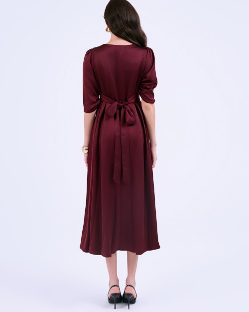G-Dark Red Silk Flared Dress