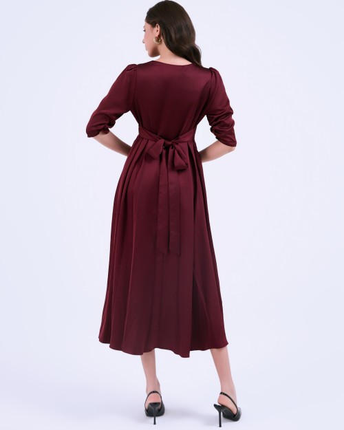 G-Dark Red Silk Flared Dress