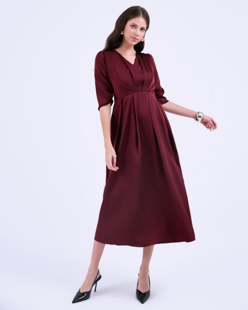 G-Dark Red Silk Flared Dress