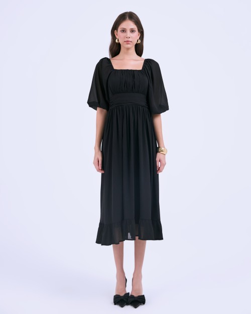 SIXDO G-Black Puff Sleeves Voile Flared Dress