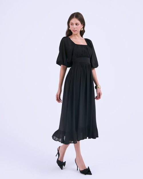 SIXDO G-Black Puff Sleeves Voile Flared Dress