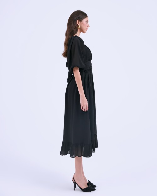 SIXDO G-Black Puff Sleeves Voile Flared Dress