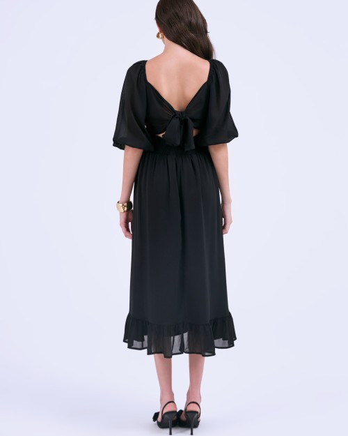 SIXDO G-Black Puff Sleeves Voile Flared Dress