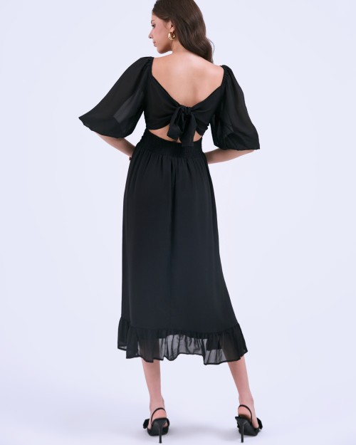 Sixdo SIXDO G-Black Puff Sleeves Voile Flared Dress
