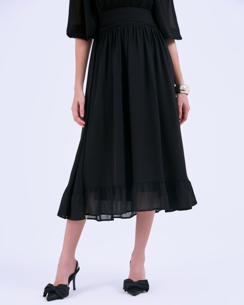 SIXDO G-Black Puff Sleeves Voile Flared Dress