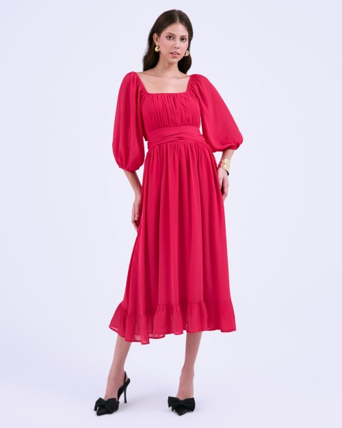 SIXDO G-Rosy Puff Sleeves Voile Flared Dress