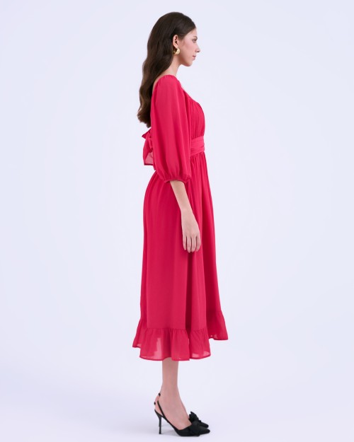 SIXDO G-Rosy Puff Sleeves Voile Flared Dress