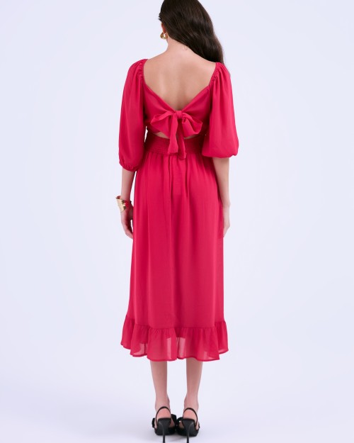 SIXDO G-Rosy Puff Sleeves Voile Flared Dress