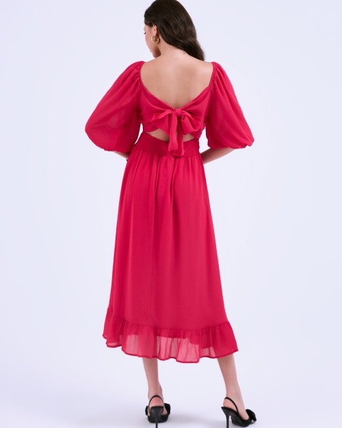 Sixdo SIXDO G-Rosy Puff Sleeves Voile Flared Dress