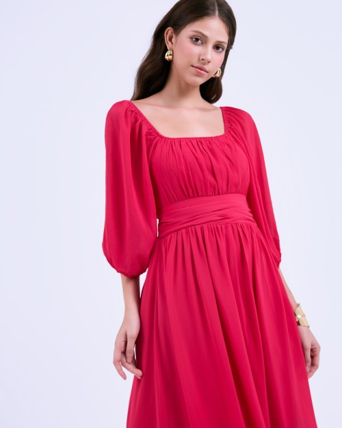 SIXDO G-Rosy Puff Sleeves Voile Flared Dress