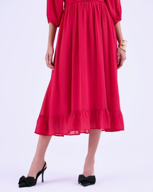 SIXDO G-Rosy Puff Sleeves Voile Flared Dress
