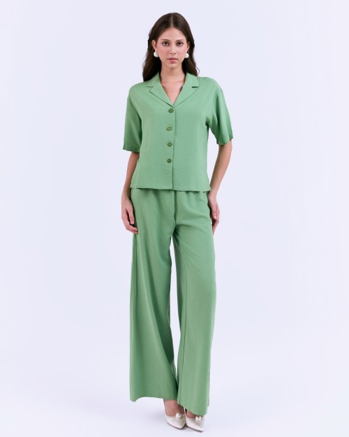SIXDO G-Green Lapel Collar Woven Jumpsuit