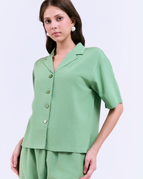 SIXDO G-Green Lapel Collar Woven Jumpsuit