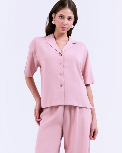 SIXDO G-Pink Lapel Collar Woven Jumpsuit