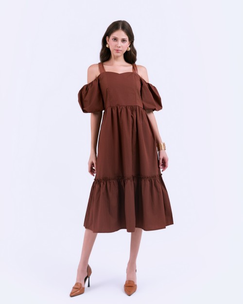 SIXDO G-Coffee Brown Woven Flared Dress