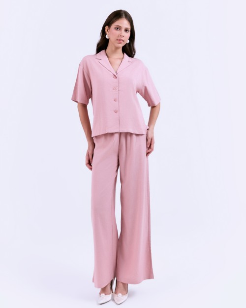 SIXDO G-Pink Lapel Collar Woven Jumpsuit