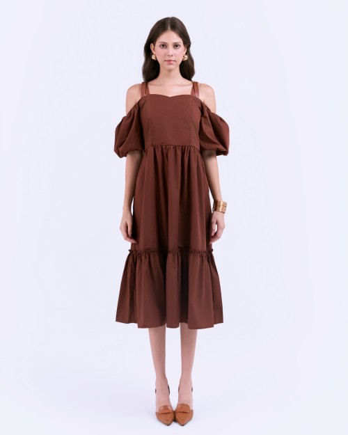 Sixdo SIXDO G-Coffee Brown Woven Flared Dress