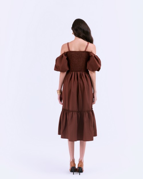 SIXDO G-Coffee Brown Woven Flared Dress