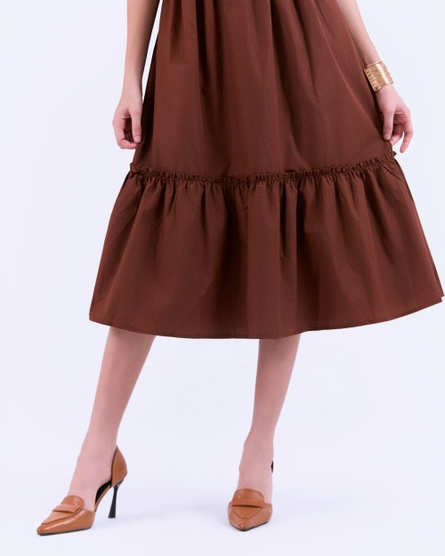 SIXDO G-Coffee Brown Woven Flared Dress