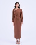 G-Coffee Brown 3D Flower Silk Pencil Dress