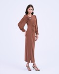 G-Coffee Brown 3D Flower Silk Pencil Dress