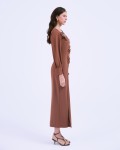 G-Coffee Brown 3D Flower Silk Pencil Dress