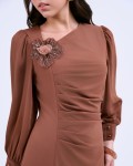 G-Coffee Brown 3D Flower Silk Pencil Dress