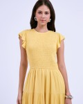SIXDO G-Yellow Butterfly Sleeves Woven Flared Dress