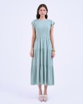 SIXDO G-Green Butterfly Sleeves Woven Flared Dress