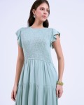 SIXDO G-Green Butterfly Sleeves Woven Flared Dress