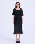 SIXDO G-Black Puff Sleeves Voile Flared Dress