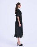 SIXDO G-Black Puff Sleeves Voile Flared Dress