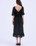 SIXDO G-Black Puff Sleeves Voile Flared Dress