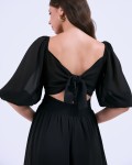 SIXDO G-Black Puff Sleeves Voile Flared Dress