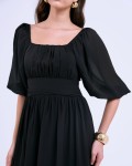 SIXDO G-Black Puff Sleeves Voile Flared Dress