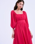 SIXDO G-Rosy Puff Sleeves Voile Flared Dress